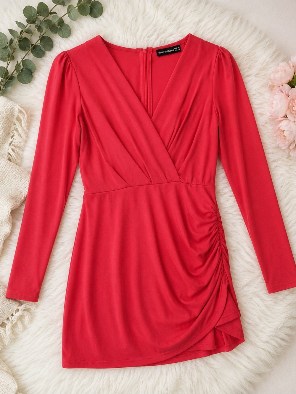 Sarin Mathews Coral Pink Ruched Wrap Bodycon Dress Long Sleeve Size Mediumt